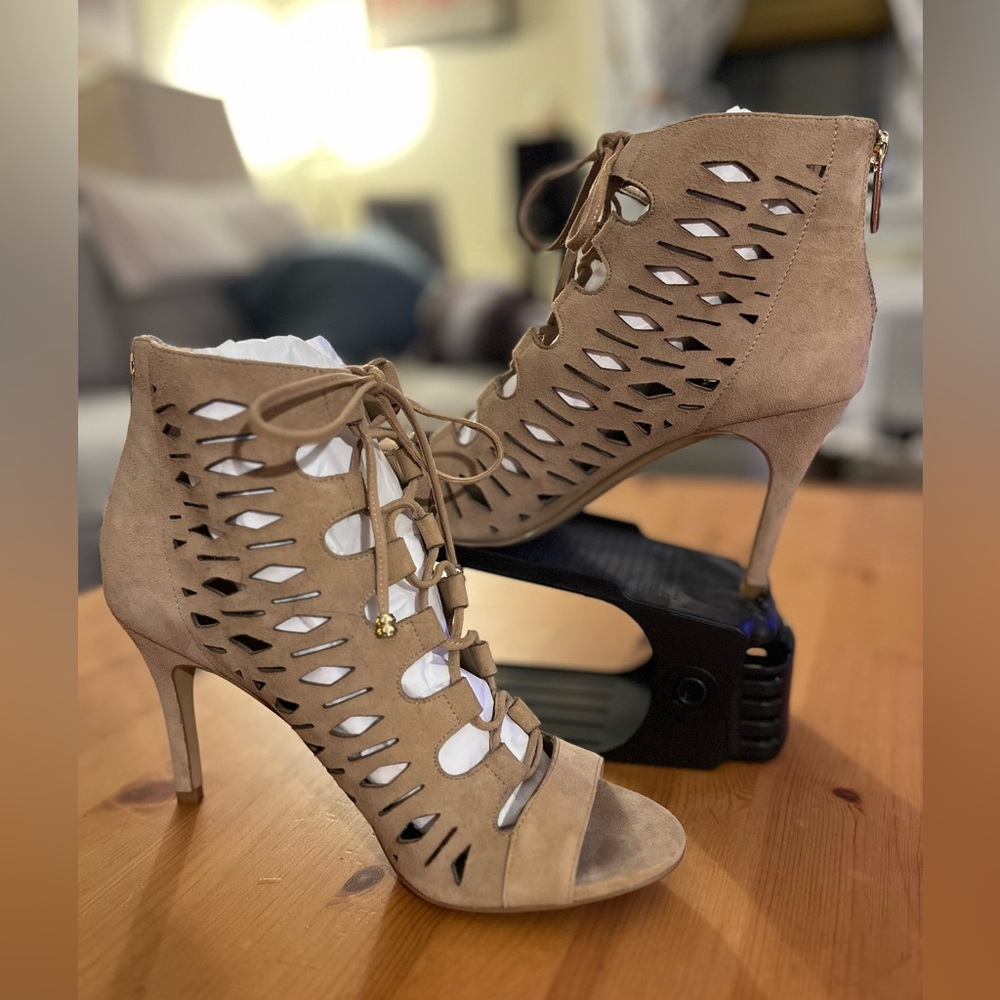 Karl Lagerfeld, suede, lace up, open toed heels, natural color